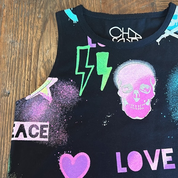 Chaser Neon - Splatter - Skull - Peace- love - Graphic Tank - Girls Sz 14 New - Picture 2 of 6